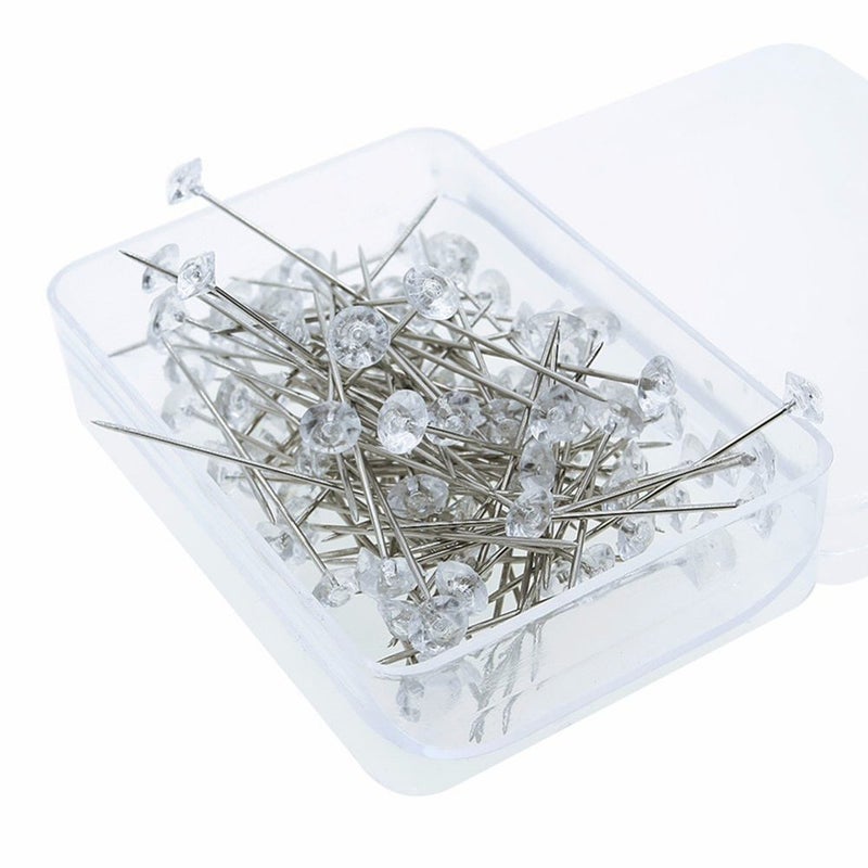 RuiLing 1-Box (100pcs) Clear Acrylic Straight Pins, Clear Corsages Pinsï¼ŒCrystal Floral Bouquet Pins Diamante Head Pins for DIY Wedding Decoration Flowers Pins Corsages Pins 8x50mm - Image 1